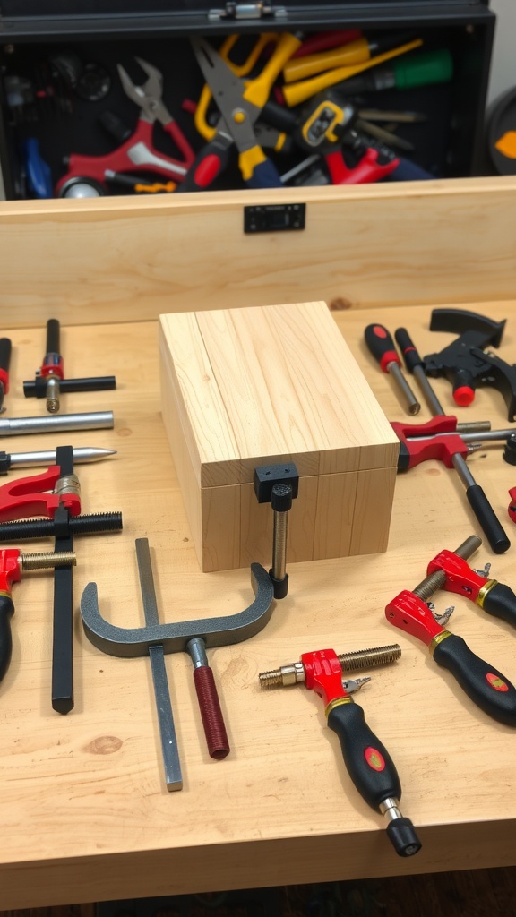 Essential Guide to Clamp Recipes for DIY Projects Various types of clamps on a workbench with a wooden project.